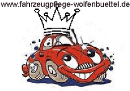 Lächelndes, rotes Cartoon-Auto mit Krone, Webseite: fahrzeugpflege-wolfenbuettel.de.