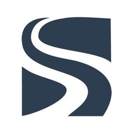 Stylized "S" logo with a winding white path on a dark blue background.