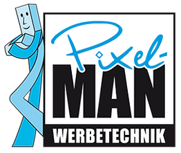 Ein blauer Cartoon-Charakter neben dem Text "Pixel-MAN Werbetechnik" auf weißem Hintergrund.