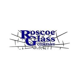 Logo of Roscoe Glass Company with a blue text and a shattered glass background.
