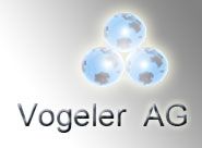 Logo der Vogeler AG mit drei blauen Kugeln darüber auf grauem Hintergrund.