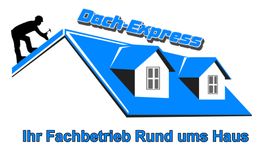 Silhouette eines Mannes auf einem blauen Dach, Logo "Dach-Express", Text "Ihr Fachbetrieb Rund ums Haus".
