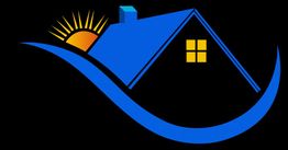 Illustration d'une maison bleue avec un soleil au-dessus, sur fond noir.