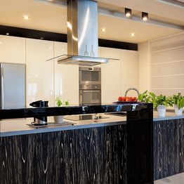 Modern kitchen with sleek wood and stainless accents, plants, and fruit bowl on the counter.