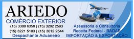 Banner da empresa ARIEDO com serviços de comércio exterior e contatos telefônicos.
