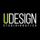 Logo "UDesign Studio Grafico" su sfondo nero, con testo bianco e verde.