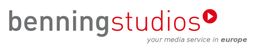 Logo von "benningstudios", Text: "Your media service in Europe" mit rotem Play-Symbol.