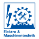 Blaues Logo mit Blitz, Zahnrad, Hammer und Schraubenschlüssel. Text: Elektro & Maschinentechnik.