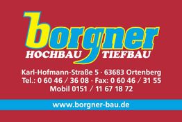 Borgner Bau Logo auf rotem Hintergrund mit Kontaktinformationen und Webseite: www.borgner-bau.de