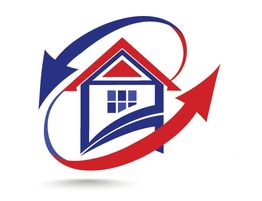 Haus-Icon mit zwei Pfeilen, blau und rot, die es umkreisen.