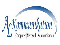 Logo: AL Kommunikation, mit Text "Computer | Netzwerk | Kommunikation" und gebogenem blauen Strich.