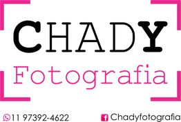 Texto "Chady Fotografia", com contatos de WhatsApp e Facebook.