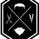 Barber shop symbol with scissors, comb, hair, and beard icons in a hexagonal frame.