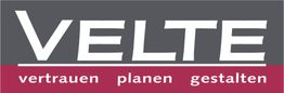Logo "VELTE" mit Slogan: vertrauen, planen, gestalten auf rotem Hintergrund.