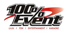Logo mit Text: "100% Event". Unten steht: "Licht | Ton | Entertainment | Karaoke".
