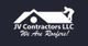 Logo of JV Contractors LLC: silhouette of roofer on roof, text "We Are Roofers!"
