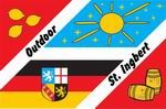 Farbiges Wappen mit Sonne, Blättern, Fässern und den Worten "Outdoor St. Ingbert".