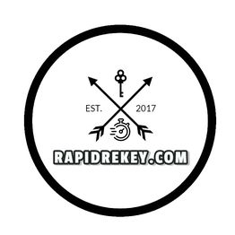 Crossed arrows with a key and stopwatch, text: "RapidRekey.com, Est. 2017" in a circle.