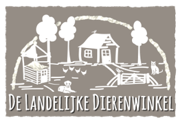 Boerderijtekening met dieren en de tekst: "De Landelijke Dierenwinkel".