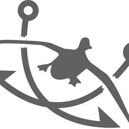 Silhouette of a duck flying amidst abstract hooks and curved lines.