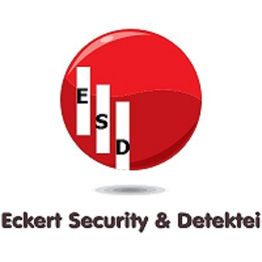 Rotes Logo mit weißen Balken und Buchstaben "ESD". Text: "Eckert Security & Detektei".