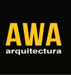 Logo con texto "AWA arquitectura" en amarillo y blanco sobre fondo negro.
