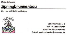Visitenkarte für Springbrunnenbau mit Kontaktdaten und einer Illustration eines Brunnens.