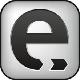 Ein großes schwarzes "e" auf grauem, glänzendem Hintergrund.