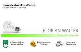 Glühbirne, Firmenlogo "Florian Walter System Elektronik", DEKRA, VDE, Zahnräder.