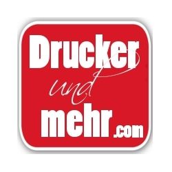 Rotes Logo mit weißem Text: "Drucker und mehr.com".
