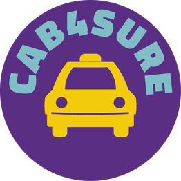 Een geel taxipictogram met de tekst "CAB4SURE" op een paarse achtergrond.