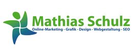 Logo von Mathias Schulz: Online-Marketing, Grafik, Design, Webgestaltung, SEO in Grün und Blau.