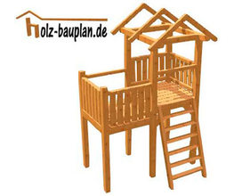 Holzspielturm mit Leiter, zwei Plattformen und Dach. Logo "holz-bauplan.de" in der Ecke.