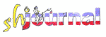 Textgrafik "shjournal" in Gelb, Blau und Rot mit gezeichneter Figur.