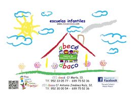 Dibujo de una casa infantil con sol, flores y nubes. Información de contacto de escuelas infantiles.