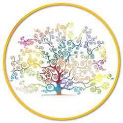 Albero stilizzato con rami a spirale multicolori in un cerchio.