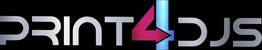 Logo mit der Aufschrift "PRINT4DJS", schwarzer Hintergrund, Metall-Optik und roter Pfeil.
