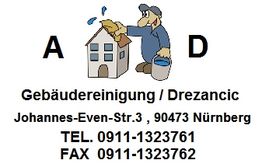 Gebäudereinigung Drezancic: Logo mit Haus, Reinigungskraft, Adresse, Telefonnummer und Fax.