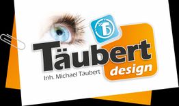 Logo von "Täubert Design" mit einem blauen Auge und orangefarbenem Hintergrund.