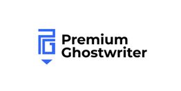 Blaues Logo mit Stift und Text "Premium Ghostwriter" auf weißem Hintergrund.