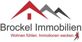 Logo von Brockel Immobilien mit roten und grauen Hausdächern. Text: "Wohnen fühlen. Immotionen wecken."