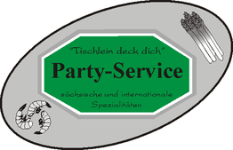 Ovales Logo: "Tischlein deck dich" Party-Service mit Garnelen und Spargel.