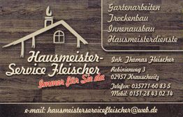 Visitenkarte für Hausmeister-Service Fleischer, mit Kontaktinformationen und angebotenen Dienstleistungen.