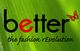 Logo mit Schriftzug "better - the fashion rEvolution" auf grünem Hintergrund mit rotem Schmetterling.
