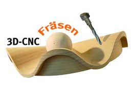 3D-CNC-Holzfräsen mit Bohrer und Kugel auf gebogenem Holzstück, Text: "Fräsen".