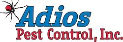 Logo with text "Adios Pest Control, Inc." and a spider graphic.