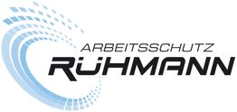 Logo mit blauen Kreisen und dem Text "Arbeitsschutz Rühmann" in Schwarz.