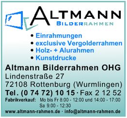 Altmann Bilderrahmen Werbung mit Angeboten, Adresse, Kontakt und Öffnungszeiten in Rottenburg.