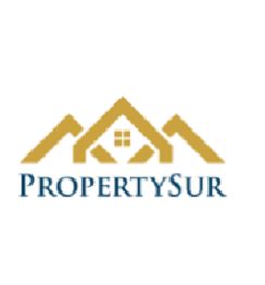 Logo de PropertySur con tres techos dorados y ventana en el centro sobre fondo blanco.