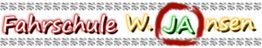 Logo mit Schriftzug „Fahrschule W. JAnsen“ in bunten Farben, umgeben von Reifenabdrücken.